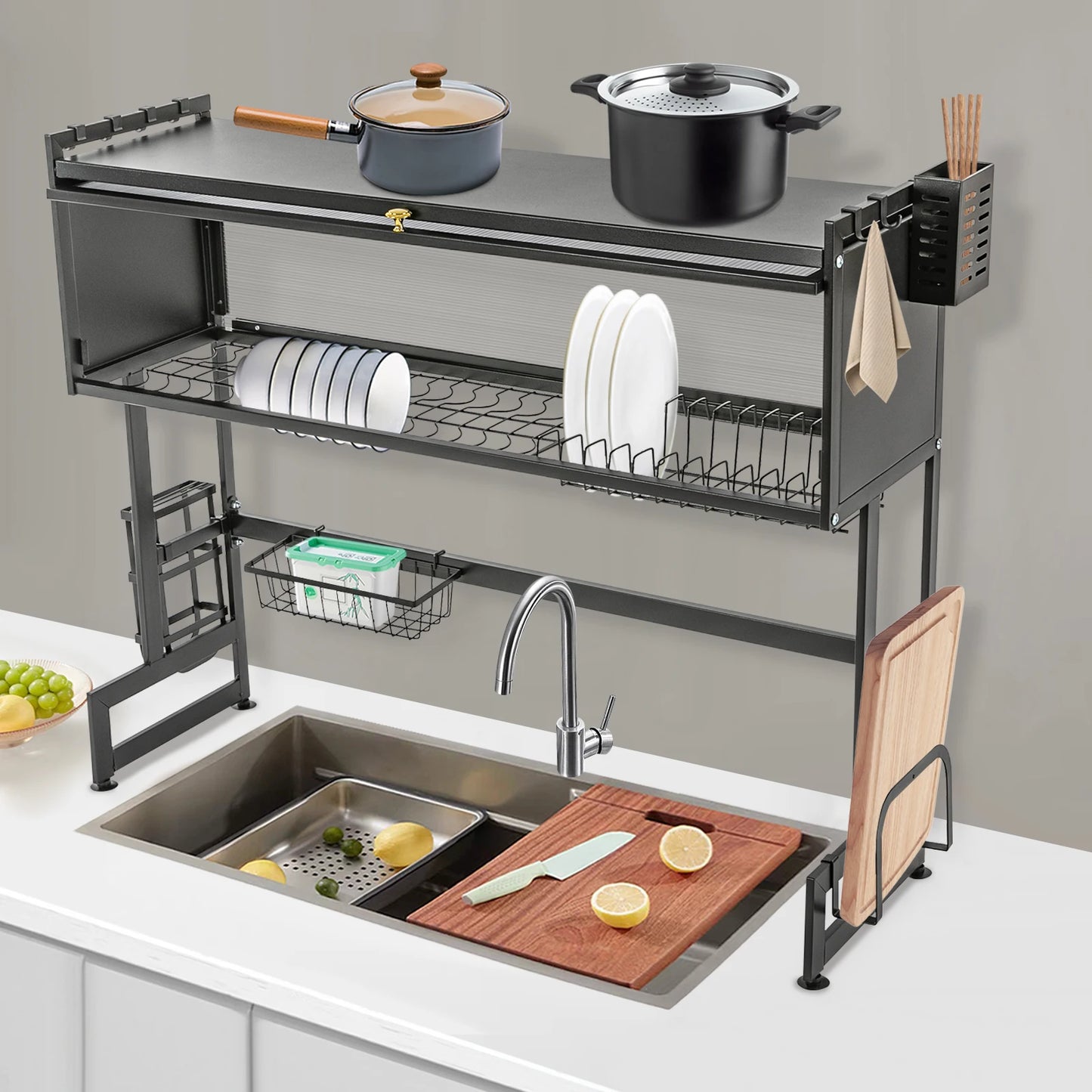 92cm Dish Drying Rack & Drainboard Organizer for Kitchen Plates, Over Sink Countertop, Cutlery Storage With cabinet door