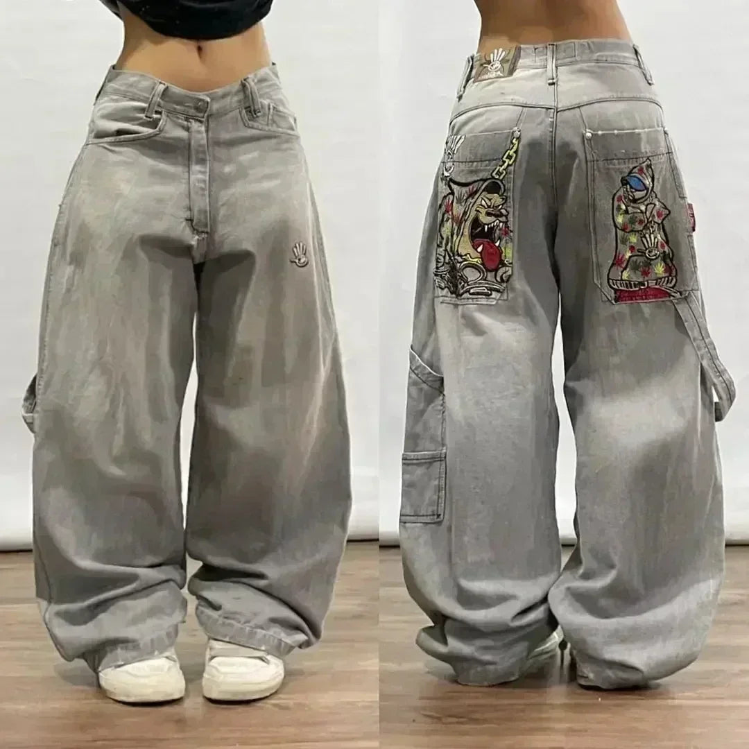 2024 Retro Street Hip Hop Casual Y2k New Women's Harajuku Fashion Embroidery Pattern Denim Trousers Straight Wide leg Pants Men