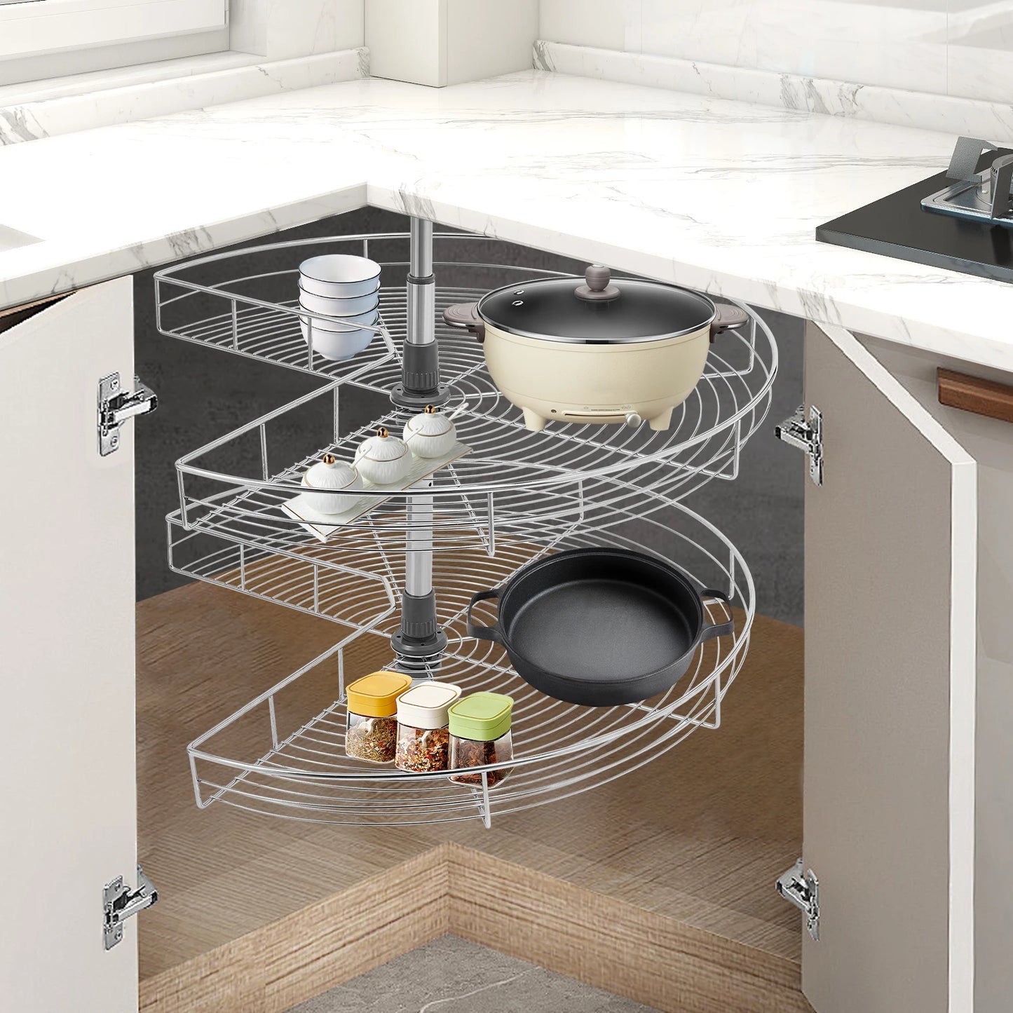 56.5-79cm Rotating Storage Shelves Rack, 2-Tier Removable Basket Shelf Organizer, Rotating Kitchen Shelf