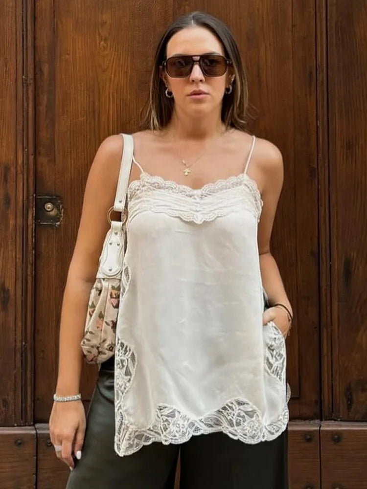 HH Female 2025 Summer Fashion V-neck Lace Spliced Split Sling Top Women Chic Sexy Backless Party Style Casual Camisole Top