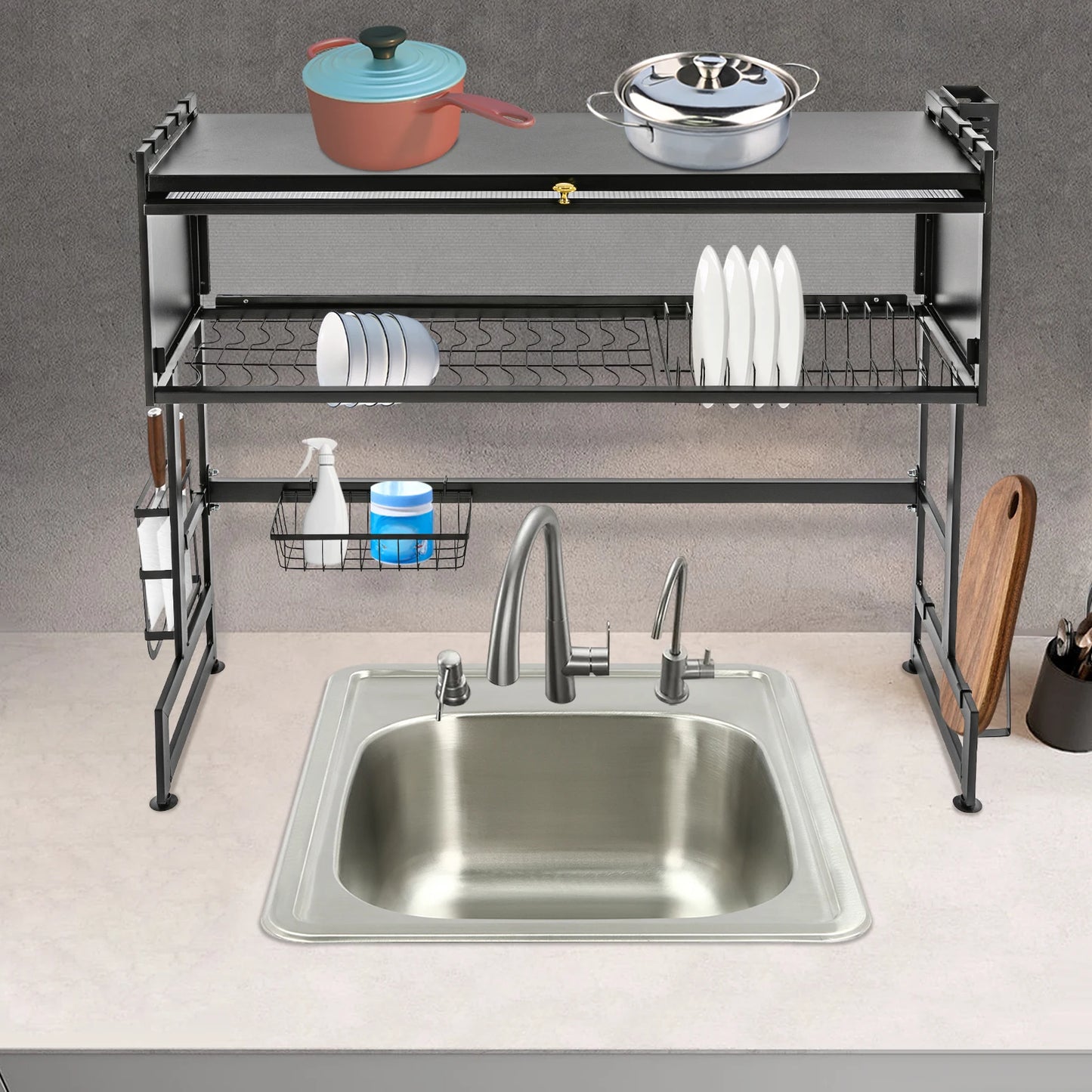92cm Dish Drying Rack & Drainboard Organizer for Kitchen Plates, Over Sink Countertop, Cutlery Storage With cabinet door