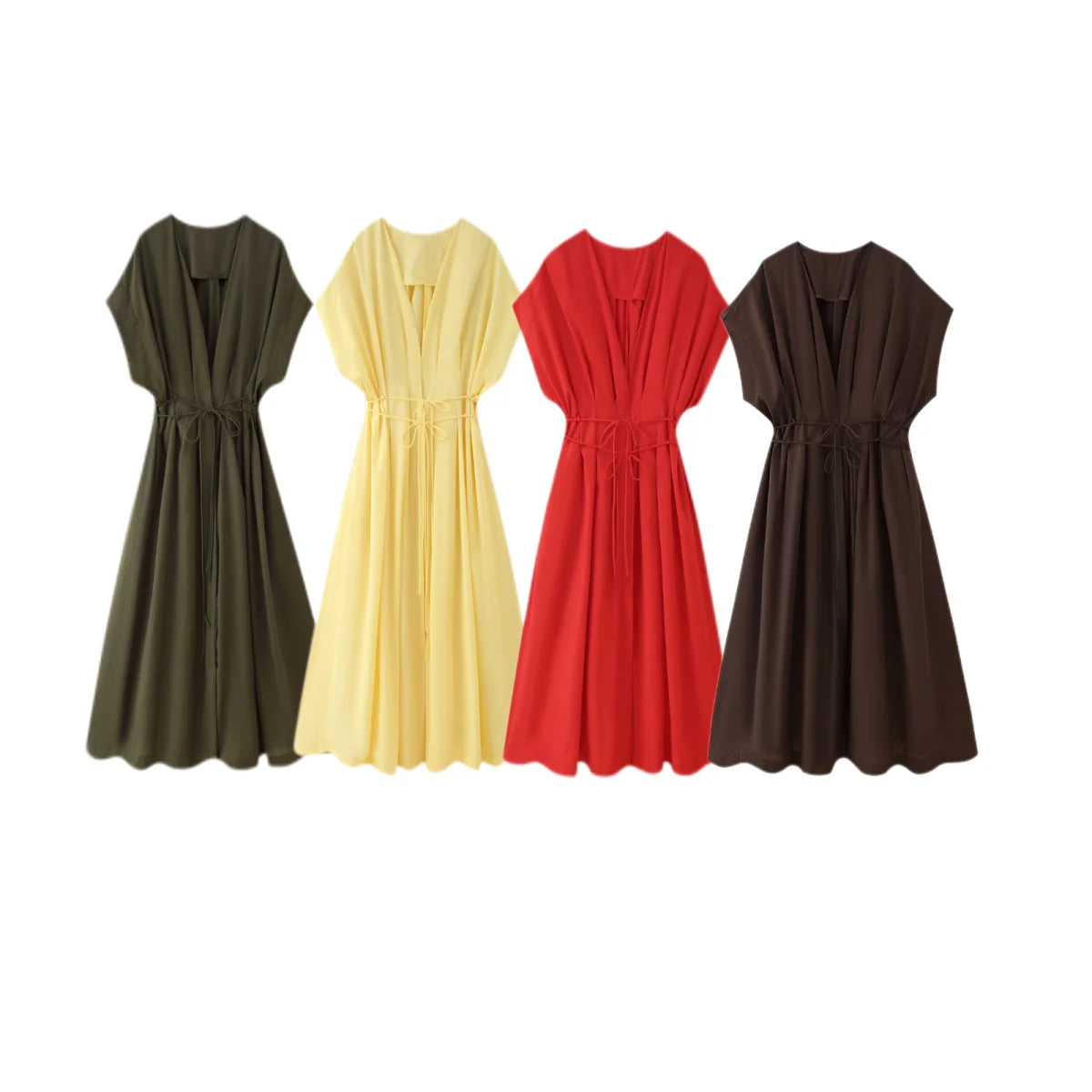 KONDALA 2025 Fall Winter Vintage Women Dresses Fashion Single Breasted Sashes Draped V Neck Sleeveless Chic Brown Ladies Dresses