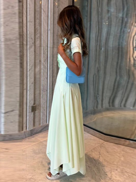 Fashion Women's Shirt Style Dress Turn-Down Collar Short Sleeve Solid Lady Dresses Irregular 2025 Summer Elegant Female Robe