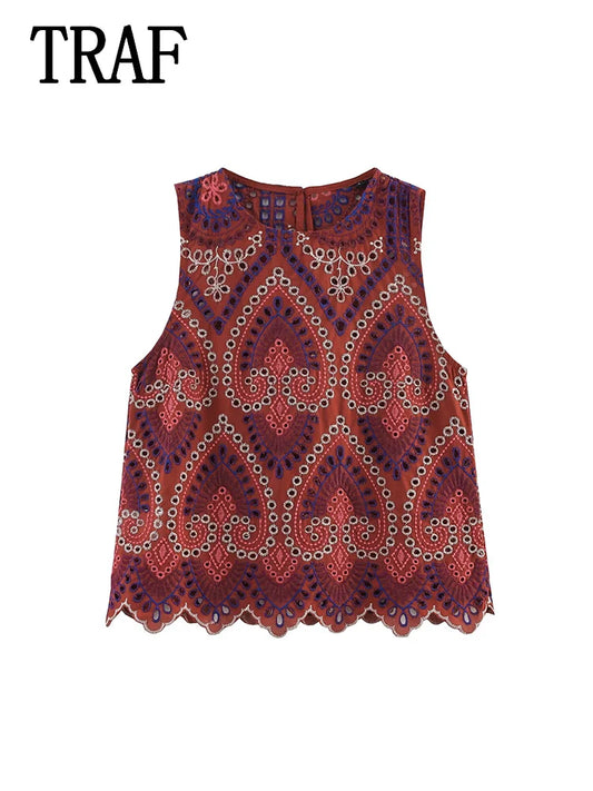 TRAF Women Embroidery Hollow Out Suit 2025 Summer Casual Chic O-Neck Fashion Sleeveless Top Long Skirt Fashion Suit
