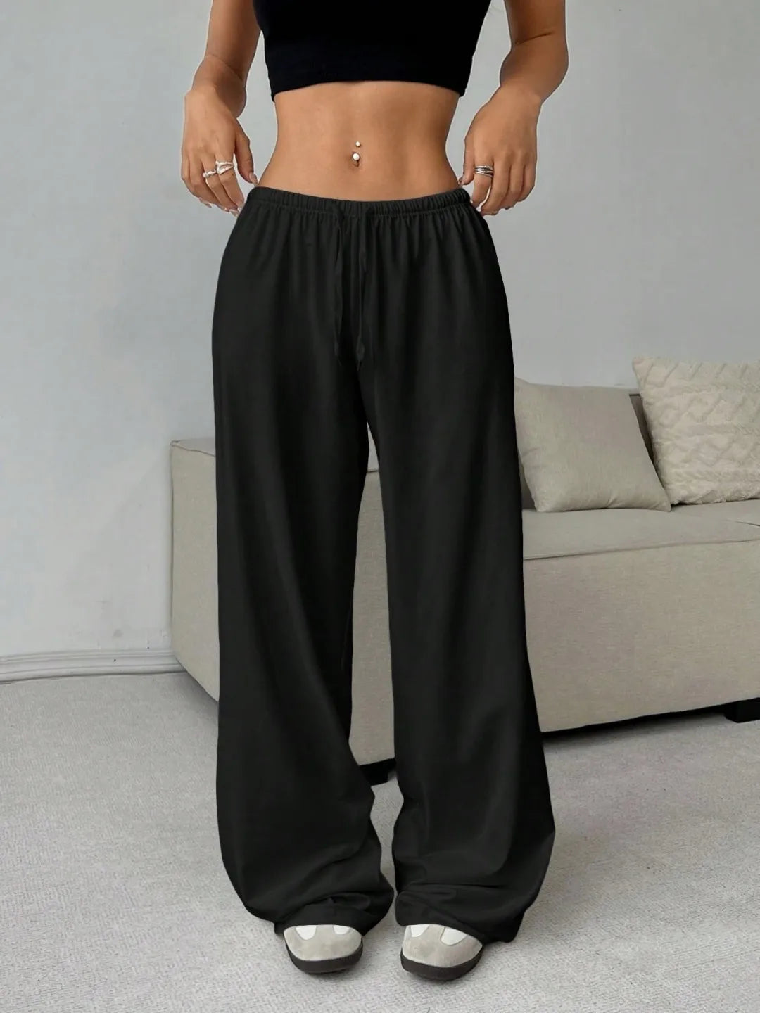 Elegant Solid High Waist Baggy Pants Fashion Women Loose Drawstring Pocket Wide Leg Pants Casual Sweatpant Streetwear Trousers