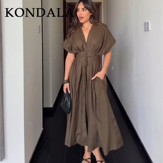 KONDALA 2025 Fall Winter Vintage Women Dresses Fashion Single Breasted Sashes Draped V Neck Sleeveless Chic Brown Ladies Dresses