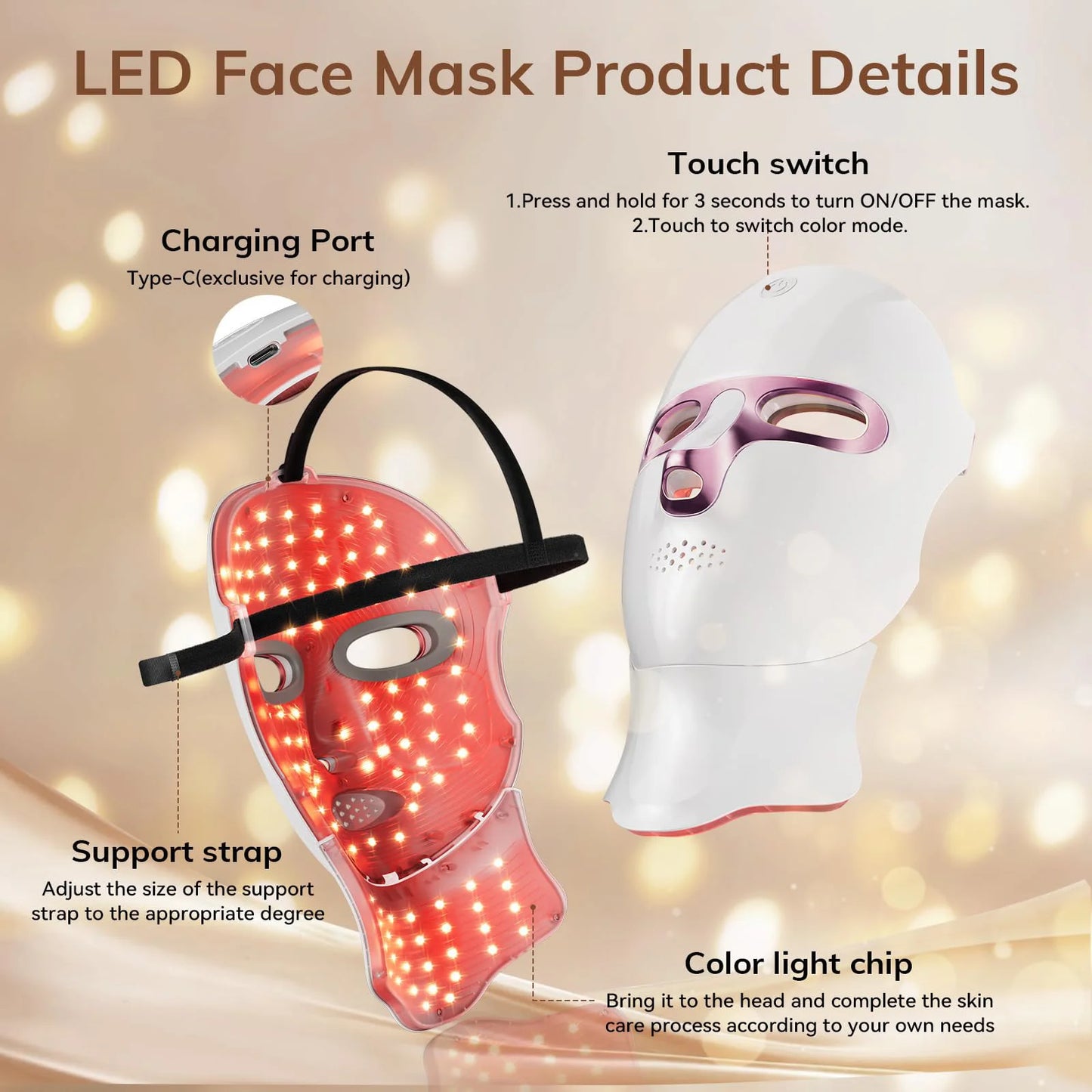 7 Colors LED Facial Mask with Neck Light Therapy Skin Beauty Red Light Facial Mask Wireless Rechargeable at Home Use