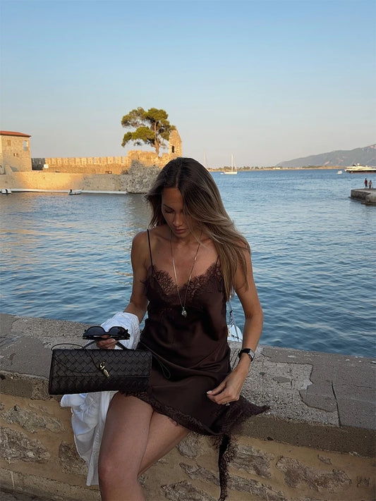 Sexy Sling Satin Dress Women V Neck Backless Patchwork Lace Vestidos Female 2025 Summer Chic Fashion Evening Party Dresses