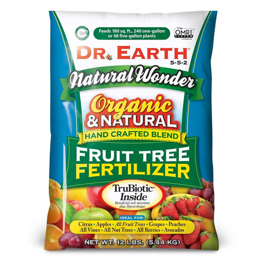 Natural Organic Fruit Tree Food Fertilizer 5-5-2 12 lb Certified Non GMO Quick Release Nutrients Safe People Pets Covers 180 sq
