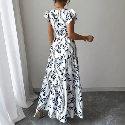 Women Print V Neck Butterfly Sleeve High Waist Lace-up Pleated Dress Elegant Fashion Holiday Beach Party Long Dresses Vestidos