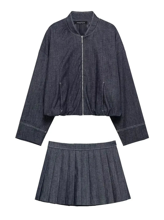 HH Women Fashion Denim Jacket Skirts Sets O Neck Long Sleeve Zipper Coat High Waist Slim Mini Skirt Casual Female Streetwear