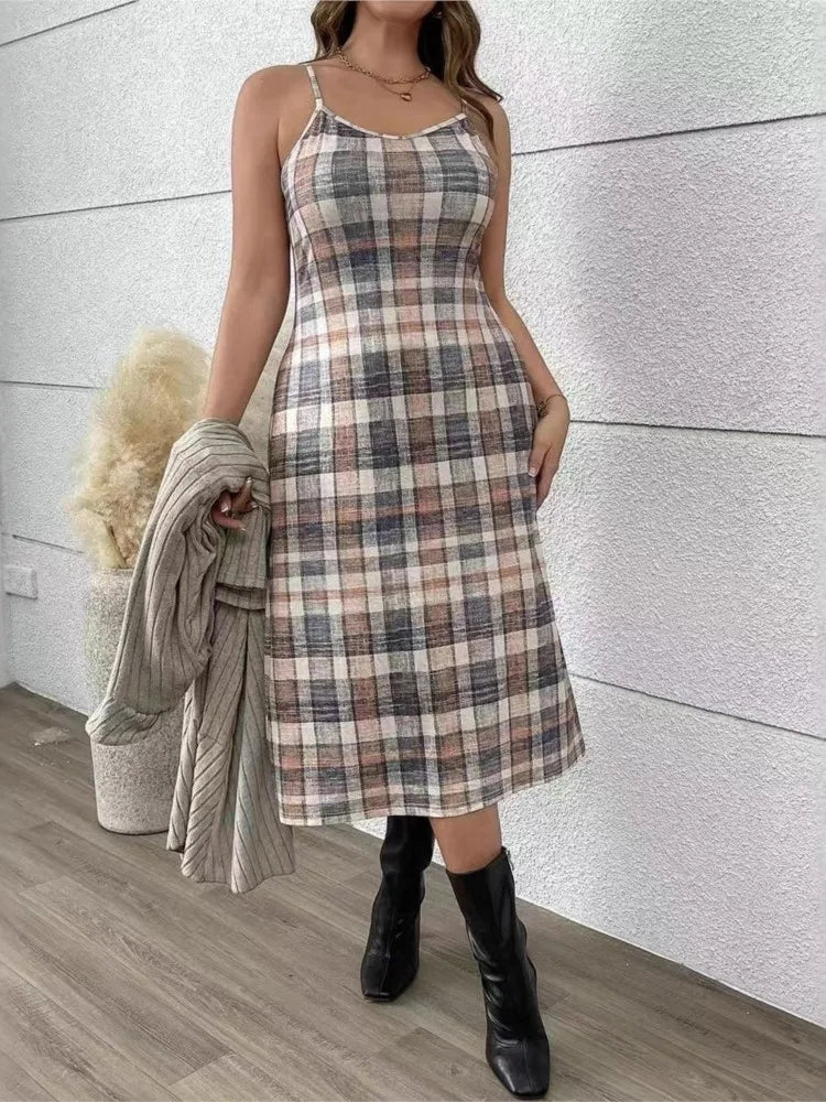 Woman's Fashion Knitted Cardigan Dress Checkered Print Sleeveless Sling Midi Skirt Ladies Autumn Winter Comfort Loose Vestidos