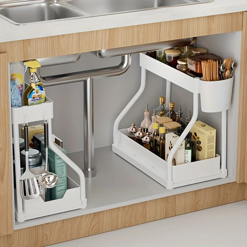 Space Saving 2 Tier Pull Out Storage Box Durable Large Capacity Kitchen Bathroom Essential Drawer Organizer bathroom accessories