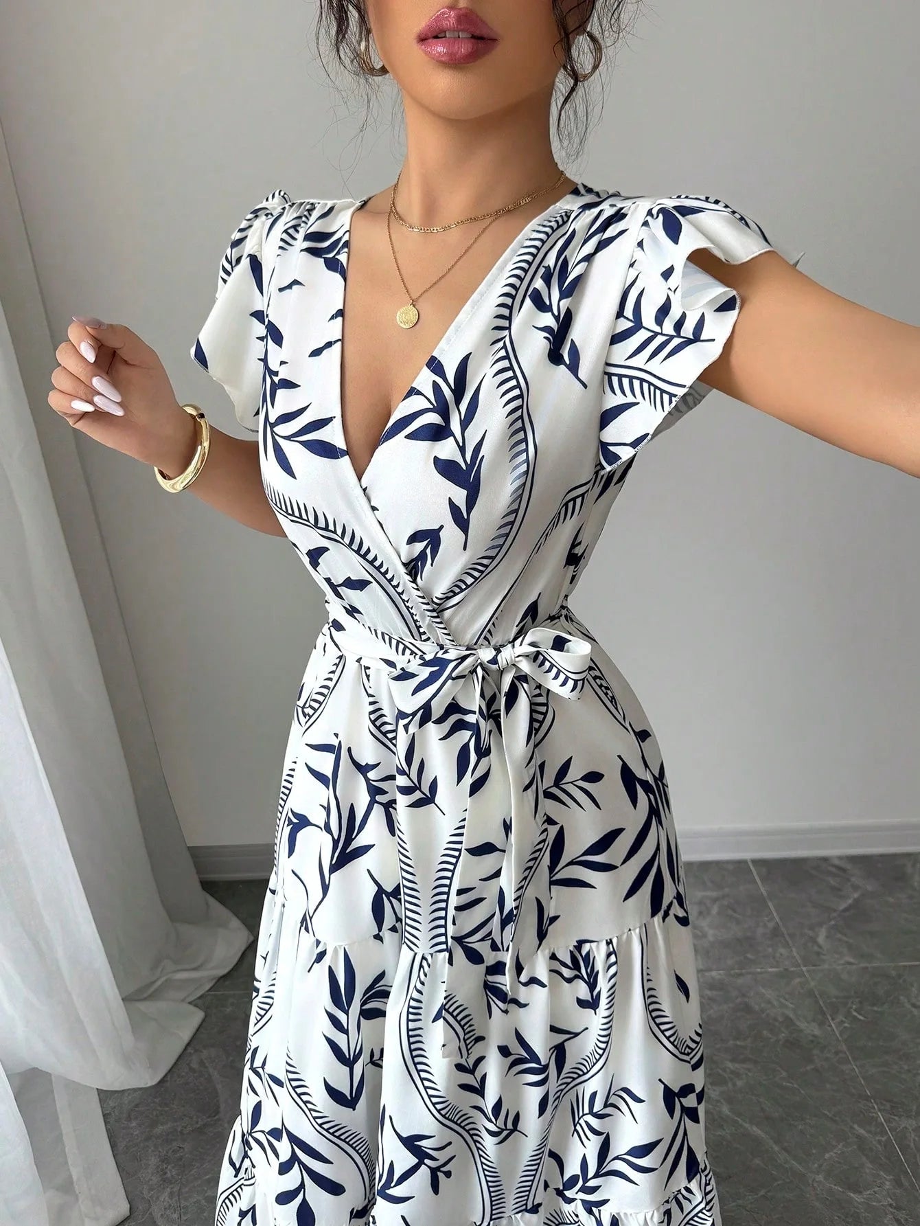 Women Print V Neck Butterfly Sleeve High Waist Lace-up Pleated Dress Elegant Fashion Holiday Beach Party Long Dresses Vestidos