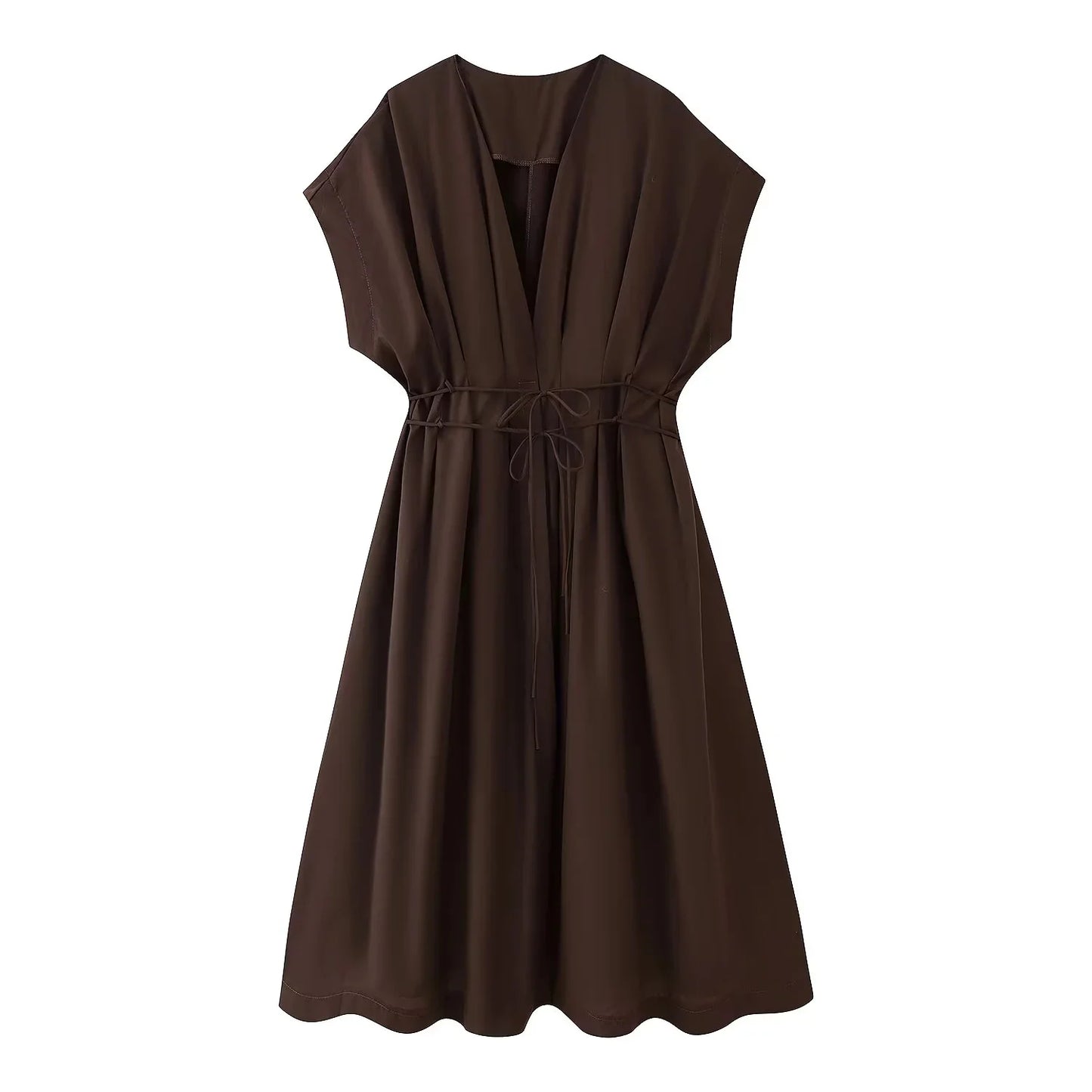 KONDALA 2025 Fall Winter Vintage Women Dresses Fashion Single Breasted Sashes Draped V Neck Sleeveless Chic Brown Ladies Dresses