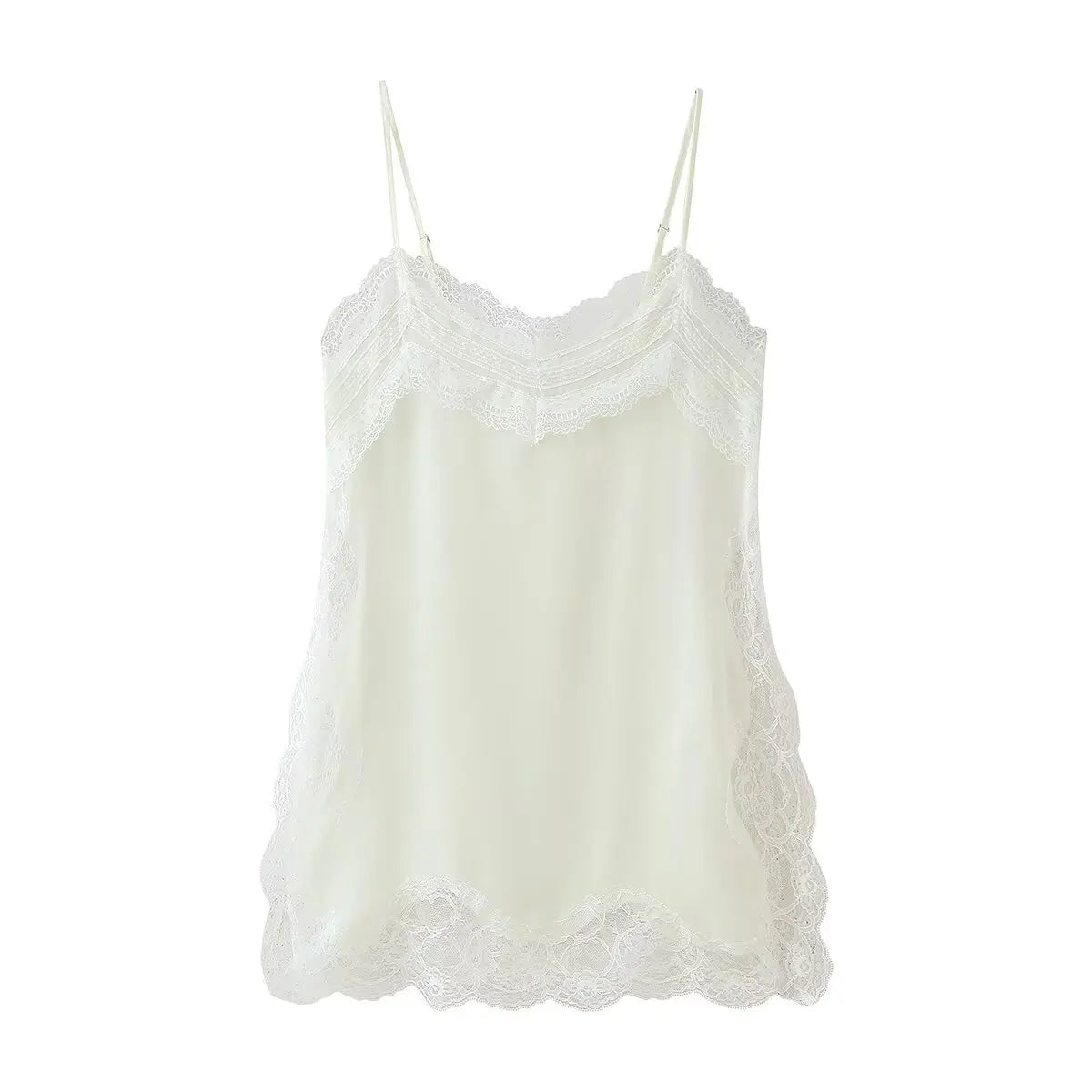 HH Female 2025 Summer Fashion V-neck Lace Spliced Split Sling Top Women Chic Sexy Backless Party Style Casual Camisole Top