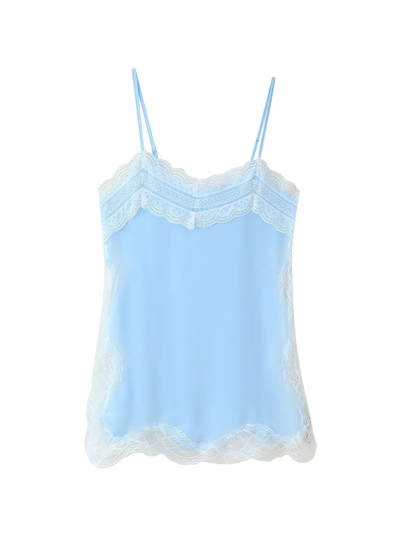HH Female 2025 Summer Fashion V-neck Lace Spliced Split Sling Top Women Chic Sexy Backless Party Style Casual Camisole Top