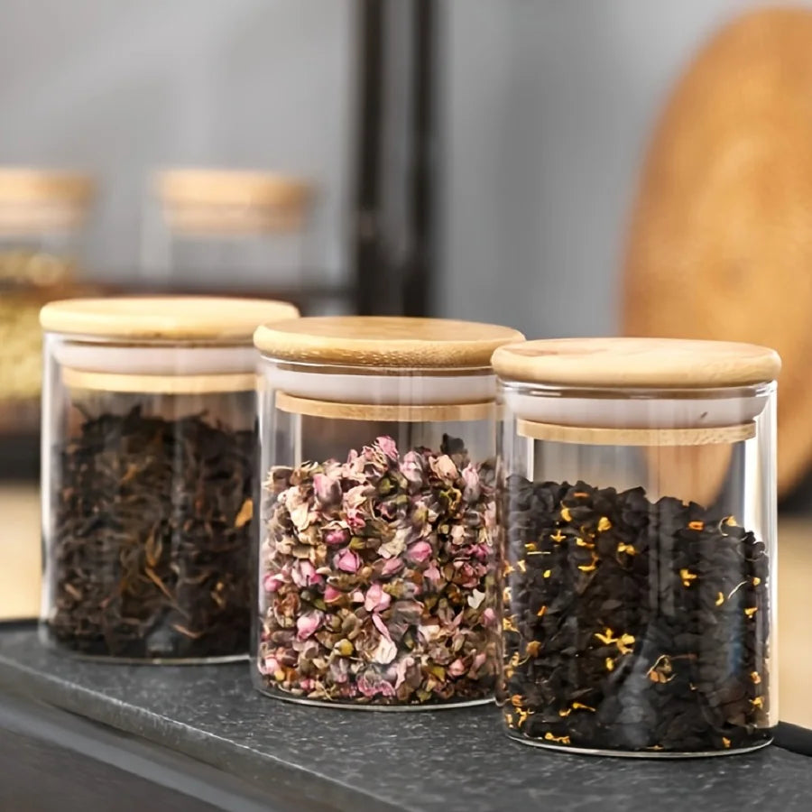 12pcs/set Airtight Glass Storage Jar with Bamboo Lid for Tea,Coffee,Sugar Portable and Transparent Container for Home Kitchen