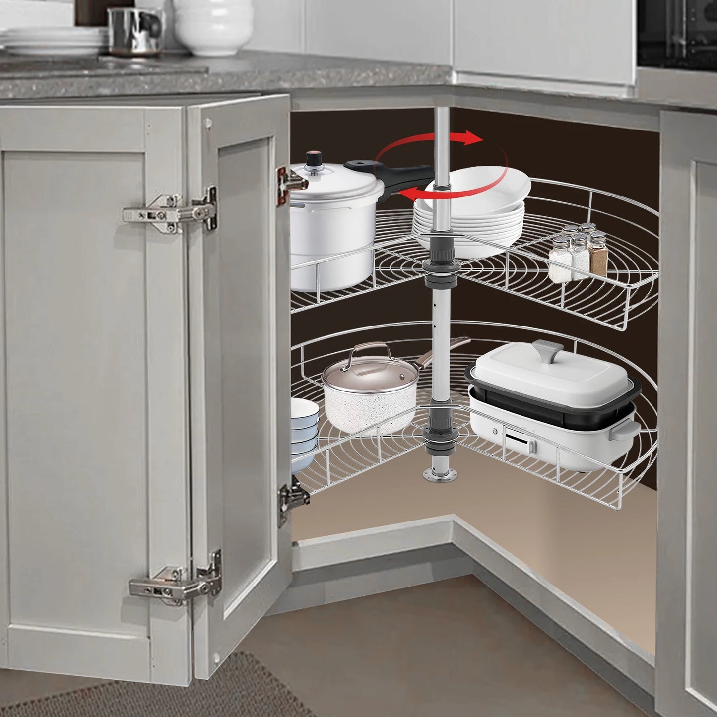 56.5-79cm Rotating Storage Shelves Rack, 2-Tier Removable Basket Shelf Organizer, Rotating Kitchen Shelf