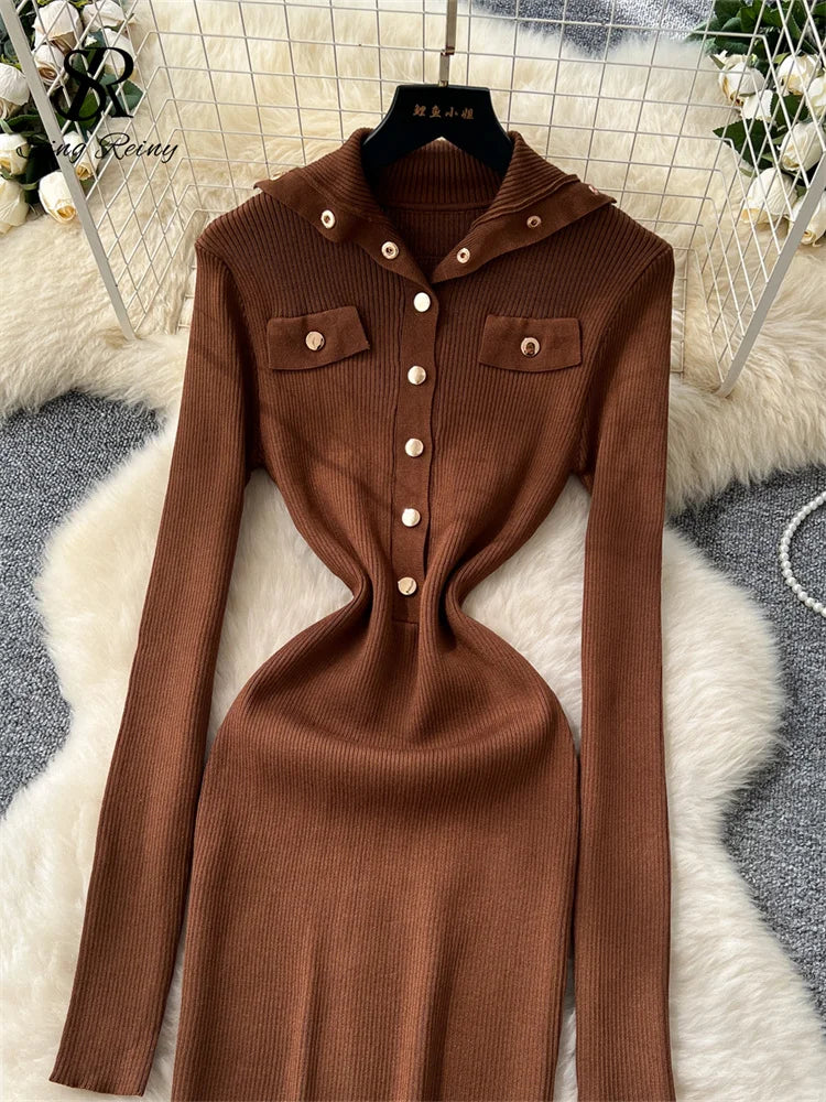 SINGREINY Fashion Elegant Knit Long Dress Women Lapel Neck Metal Buttons Chic High Quality Autumn Office Lady Slim Sweater Dress