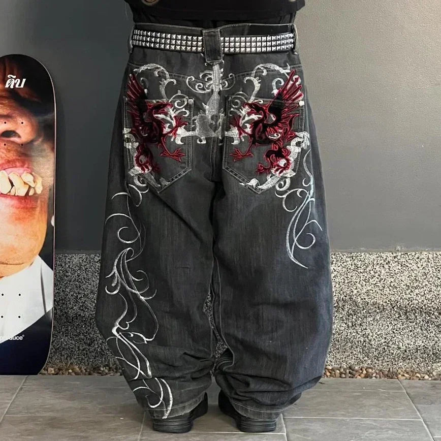 2024 Retro Street Hip Hop Casual Y2k New Women's Harajuku Fashion Embroidery Pattern Denim Trousers Straight Wide leg Pants Men