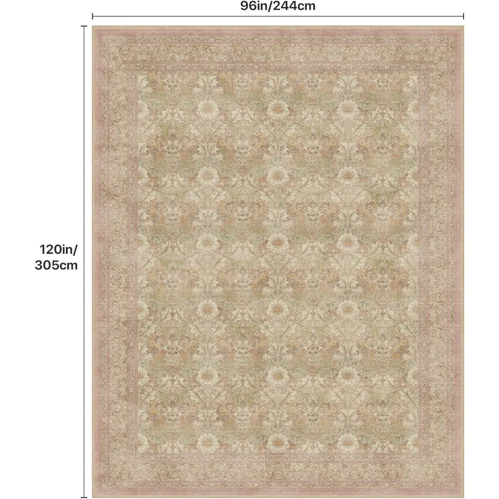 8x10 Washable Floral Area Rug with Non-Slip Underlay for Living Spaces and Bedrooms, Suitable for Home Decor with Low Pile