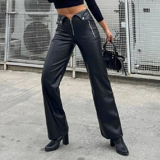 WhereMery Y2K Fashion Leather Pant Women High Waist Sexy Zipper Straight Slim Trousere 2024 Streetwear Gothic Chic Black Pants