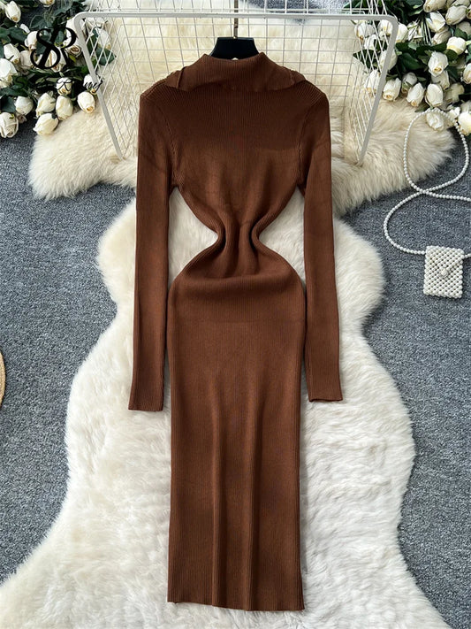 SINGREINY Fashion Elegant Knit Long Dress Women Lapel Neck Metal Buttons Chic High Quality Autumn Office Lady Slim Sweater Dress