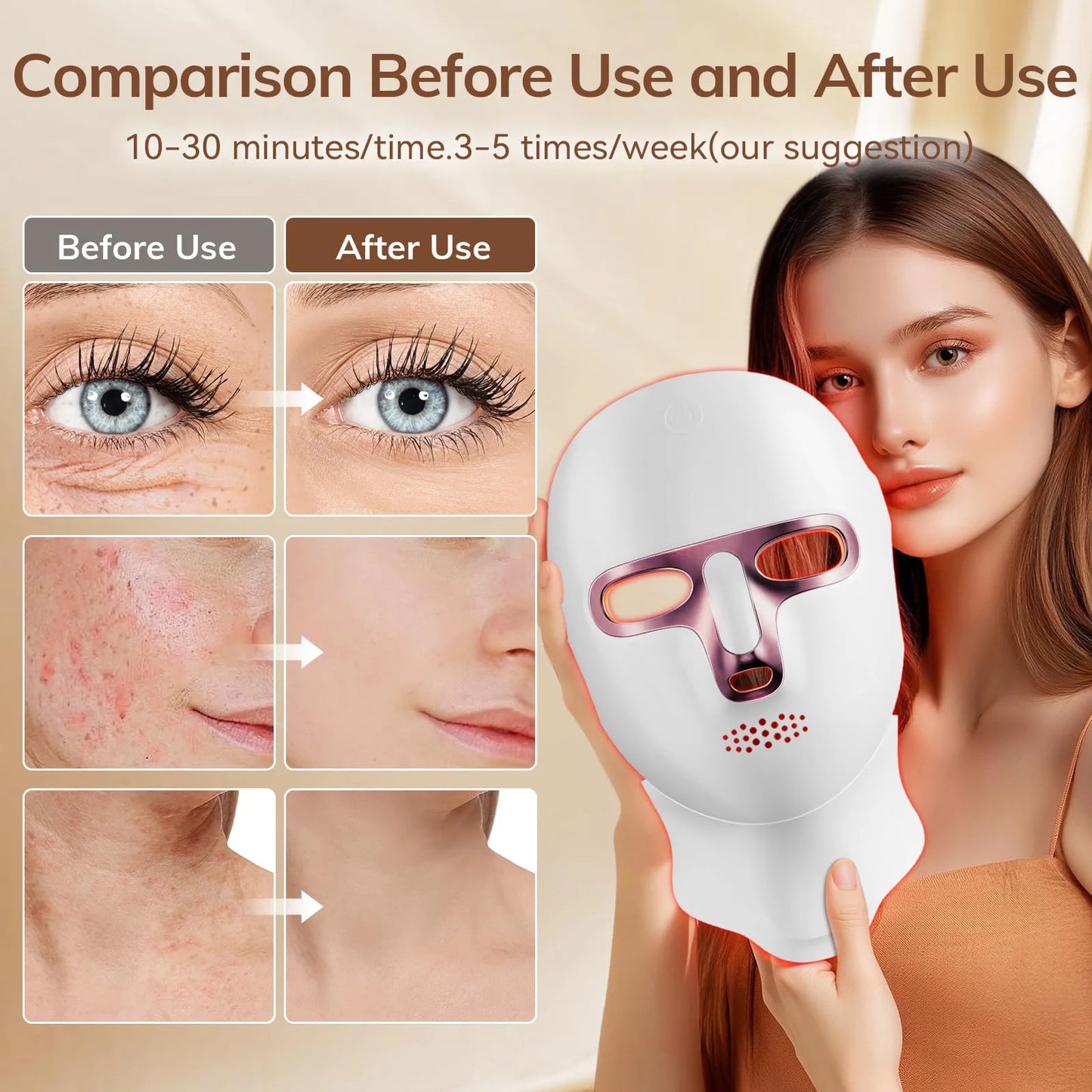 7 Colors LED Facial Mask with Neck Light Therapy Skin Beauty Red Light Facial Mask Wireless Rechargeable at Home Use