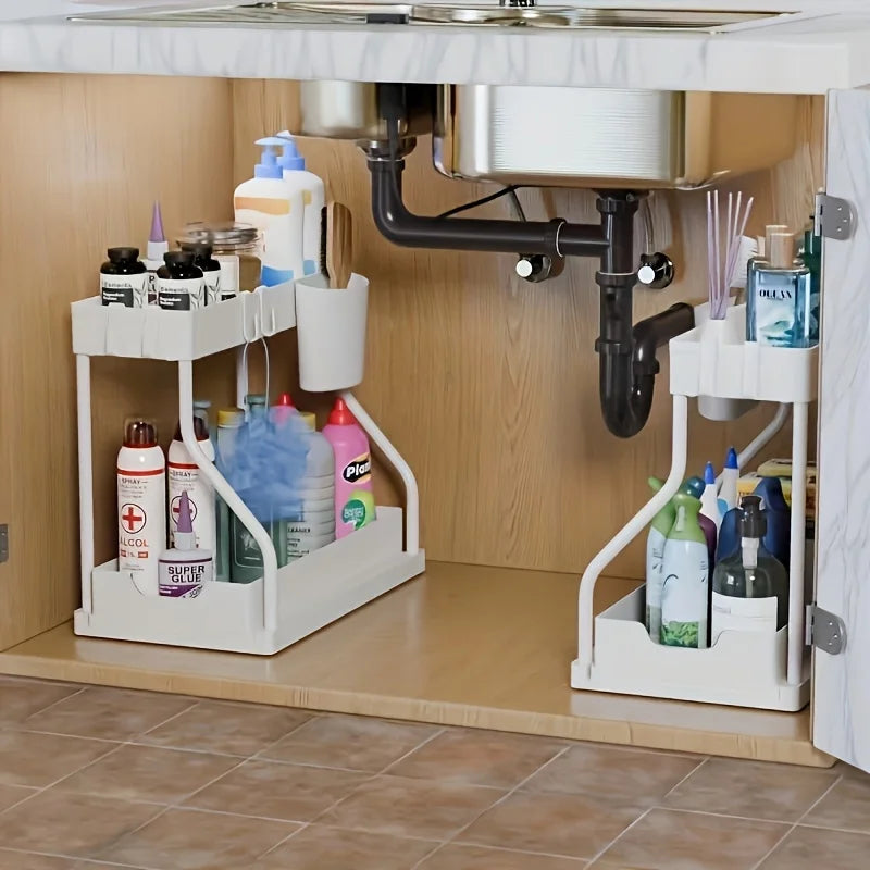Space Saving 2 Tier Pull Out Storage Box Durable Large Capacity Kitchen Bathroom Essential Drawer Organizer bathroom accessories