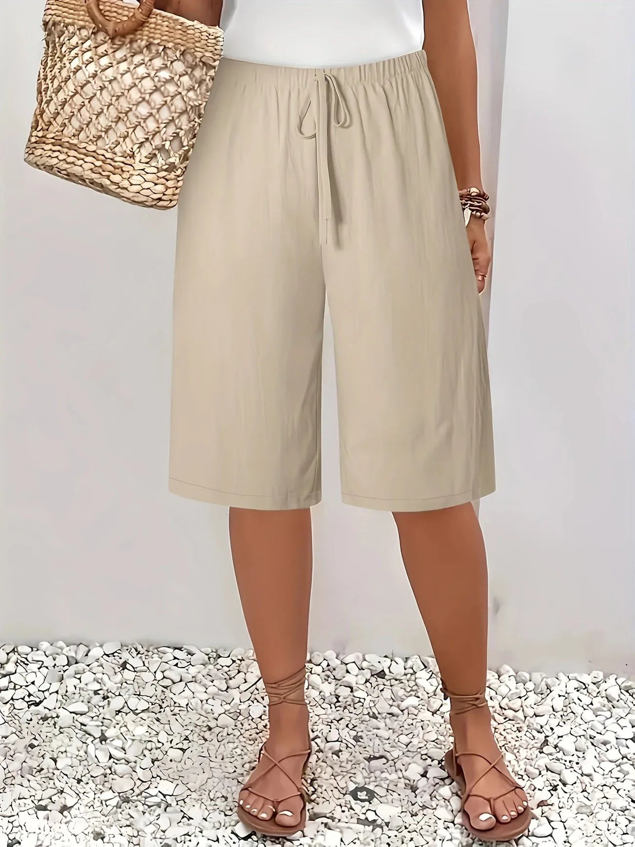 Cross border European and American women's clothing Amazon women's casual fashion solid color five quarter pants mid pants