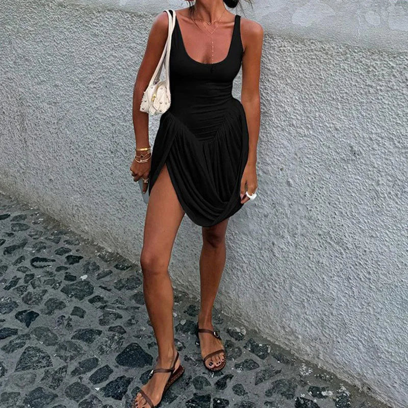 Unleash Trendy Coastal Allure! Black Asymmetrical Sleeveless Slit Dress - Where Fashion Meets Effortless Glam