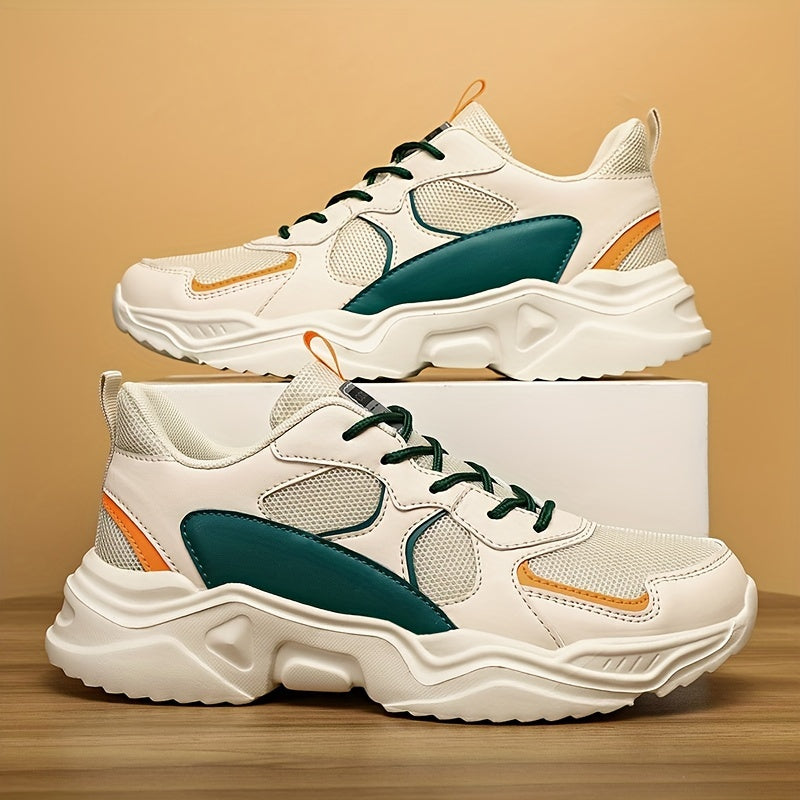 [Breathable Sneakers] Chunky Breathable Mesh Sneakers | Men's White & Teal Casual Sneakers with EVA Sole, Lace-Up Design for All Seasons