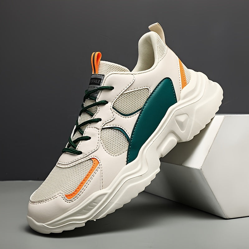 [Breathable Sneakers] Chunky Breathable Mesh Sneakers | Men's White & Teal Casual Sneakers with EVA Sole, Lace-Up Design for All Seasons