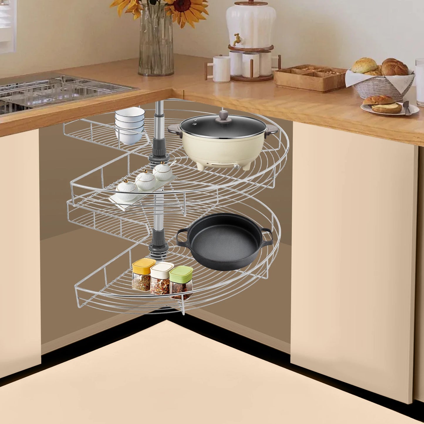 56.5-79cm Rotating Storage Shelves Rack, 2-Tier Removable Basket Shelf Organizer, Rotating Kitchen Shelf