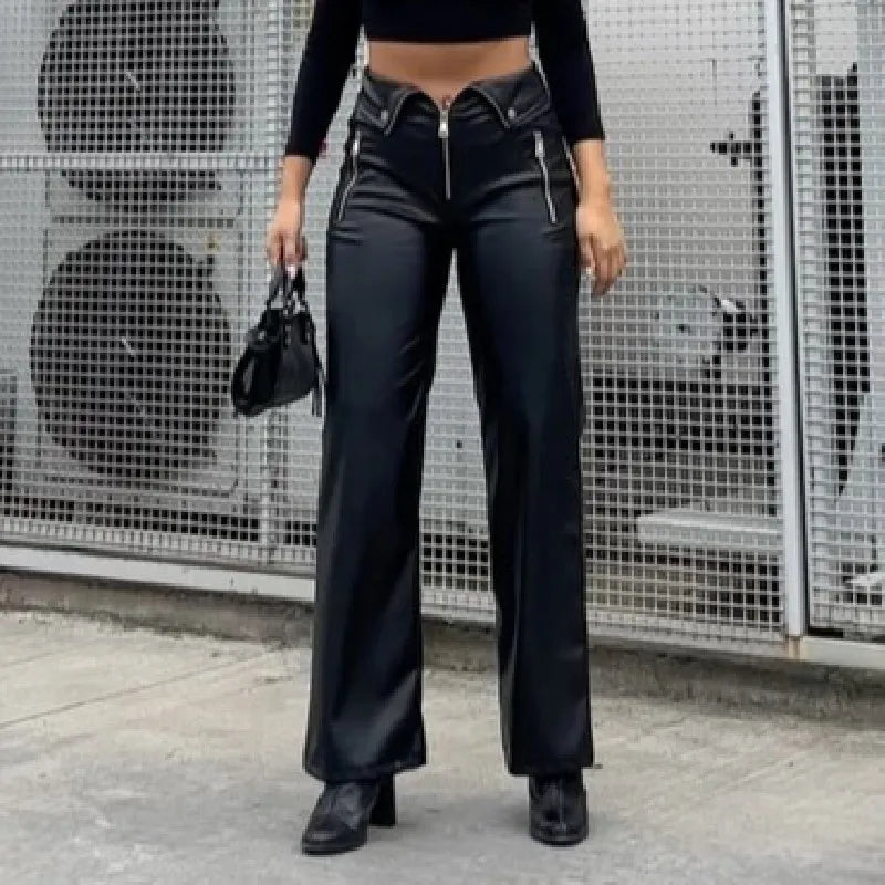 WhereMery Y2K Fashion Leather Pant Women High Waist Sexy Zipper Straight Slim Trousere 2024 Streetwear Gothic Chic Black Pants