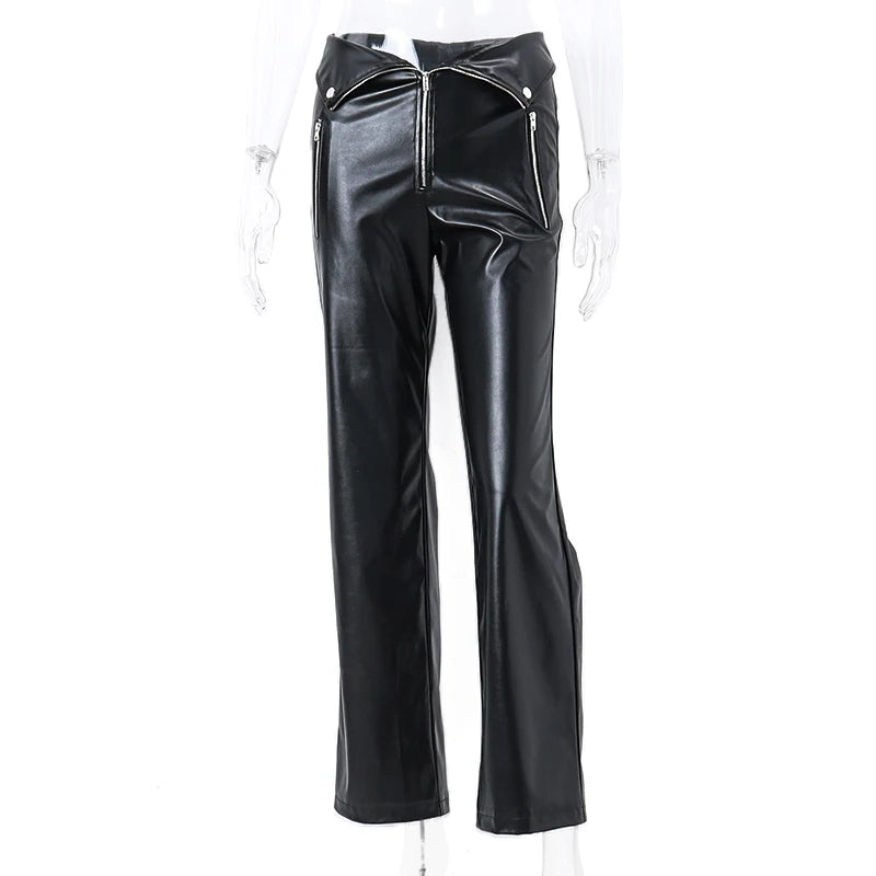 WhereMery Y2K Fashion Leather Pant Women High Waist Sexy Zipper Straight Slim Trousere 2024 Streetwear Gothic Chic Black Pants