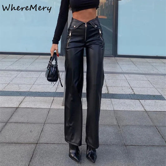 WhereMery Y2K Fashion Leather Pant Women High Waist Sexy Zipper Straight Slim Trousere 2024 Streetwear Gothic Chic Black Pants