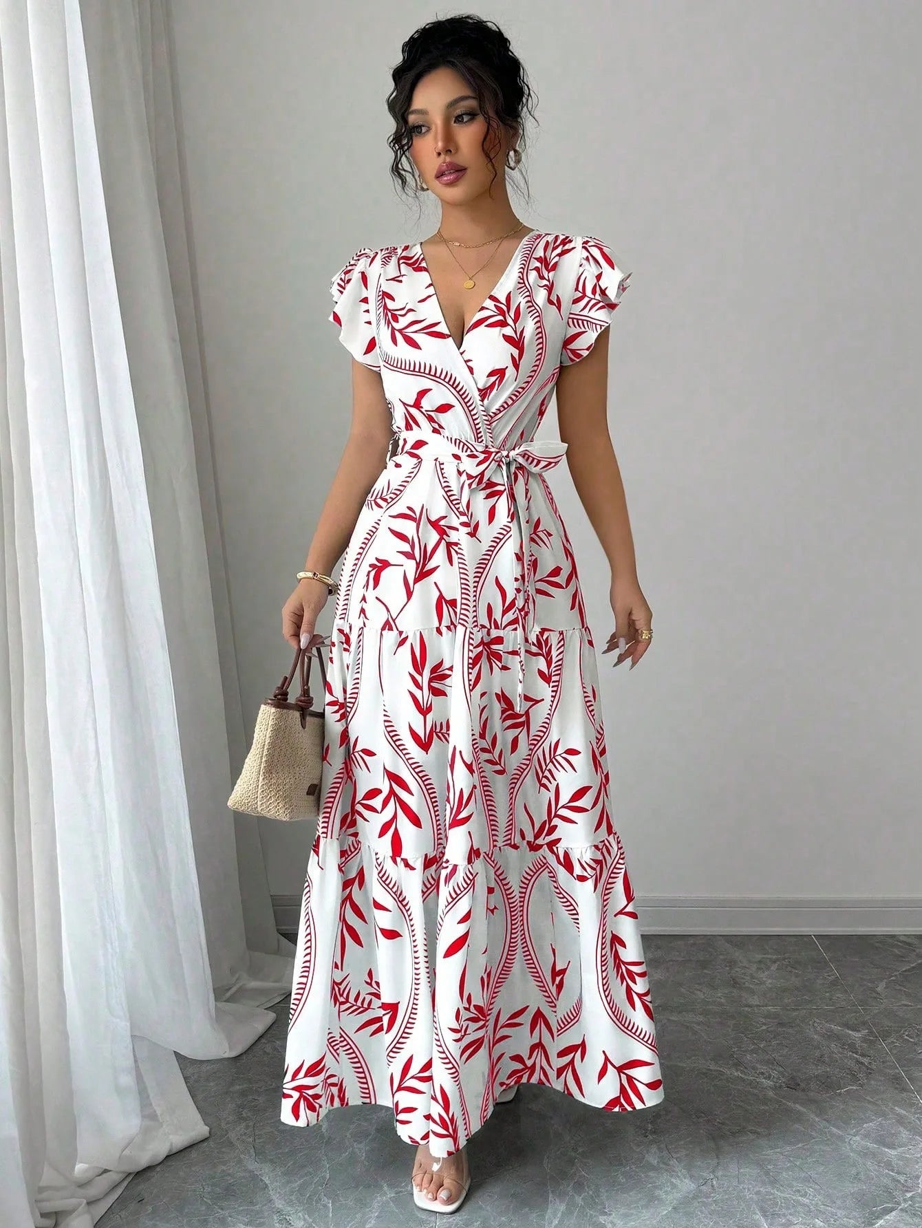 Women Print V Neck Butterfly Sleeve High Waist Lace-up Pleated Dress Elegant Fashion Holiday Beach Party Long Dresses Vestidos
