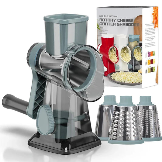 3-in-1 Rotary Cheese/Vegetable Grater & Nut Grinder, Manual Kitchen Slicer with Clear Container for Peanut/Food Prep