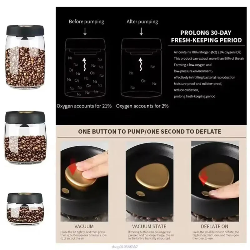 Coffee Bean Sealed Jar, Kitchen Storage, Glass Jar, Moisture-Proof, Vacuum Pressed Storage Jar, Tea, Rice, Peanut Storage