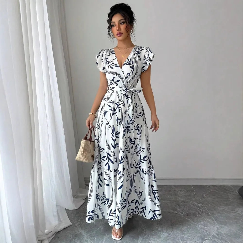 Women Print V Neck Butterfly Sleeve High Waist Lace-up Pleated Dress Elegant Fashion Holiday Beach Party Long Dresses Vestidos