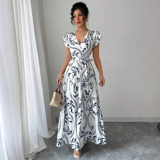 Women Print V Neck Butterfly Sleeve High Waist Lace-up Pleated Dress Elegant Fashion Holiday Beach Party Long Dresses Vestidos