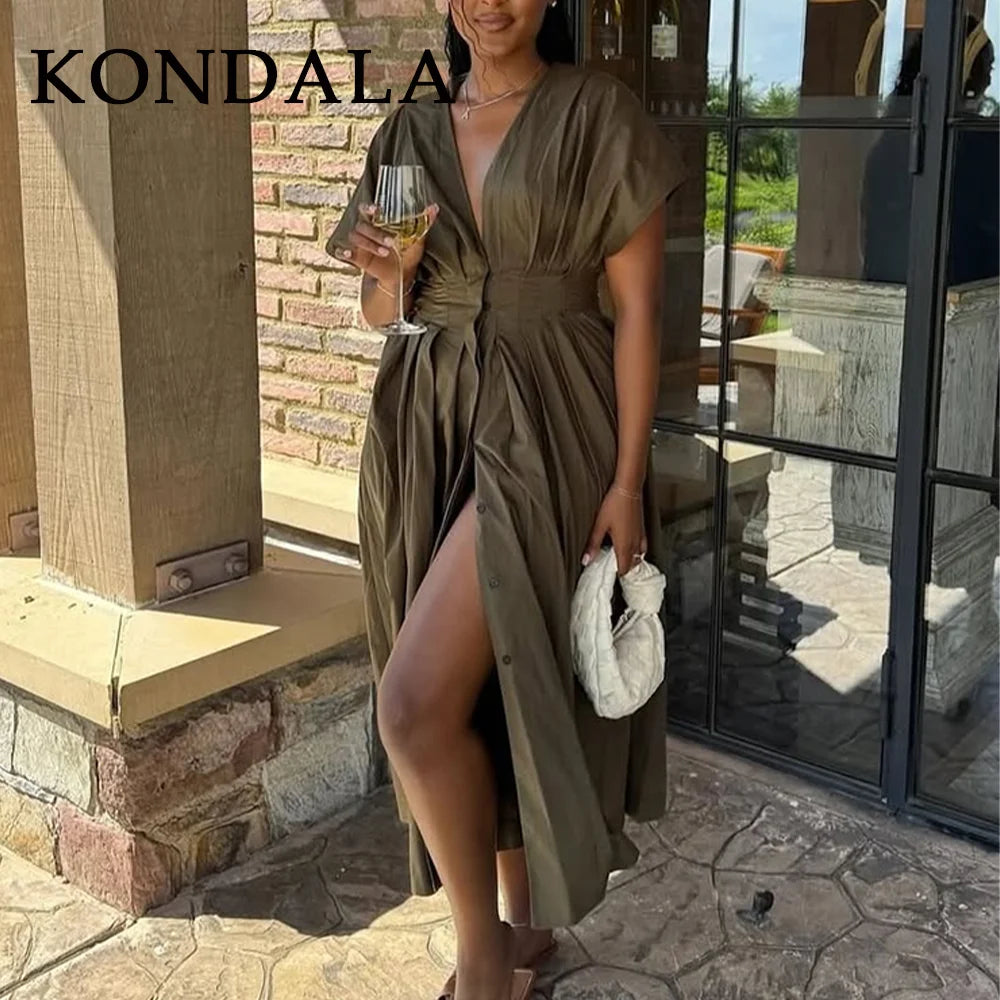 KONDALA 2025 Fall Winter Vintage Women Dresses Fashion Single Breasted Sashes Draped V Neck Sleeveless Chic Brown Ladies Dresses