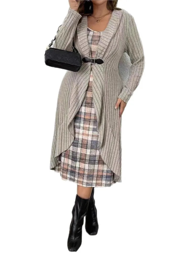 Woman's Fashion Knitted Cardigan Dress Checkered Print Sleeveless Sling Midi Skirt Ladies Autumn Winter Comfort Loose Vestidos