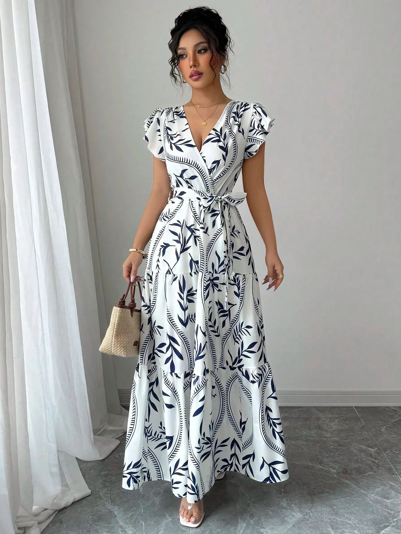 Women Print V Neck Butterfly Sleeve High Waist Lace-up Pleated Dress Elegant Fashion Holiday Beach Party Long Dresses Vestidos