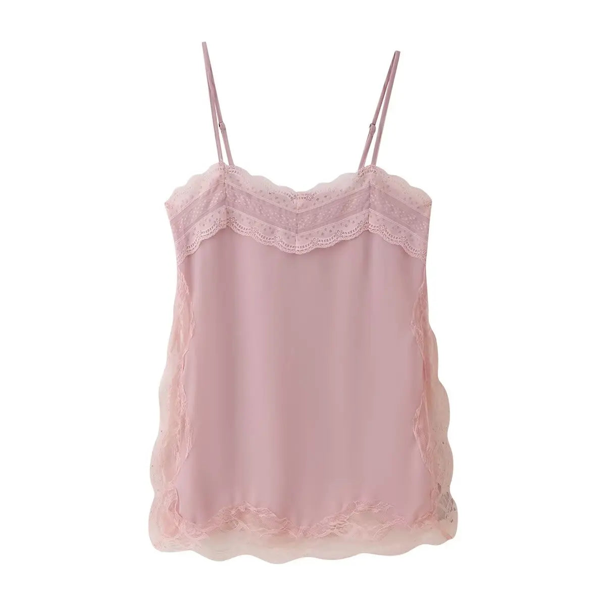 HH Female 2025 Summer Fashion V-neck Lace Spliced Split Sling Top Women Chic Sexy Backless Party Style Casual Camisole Top