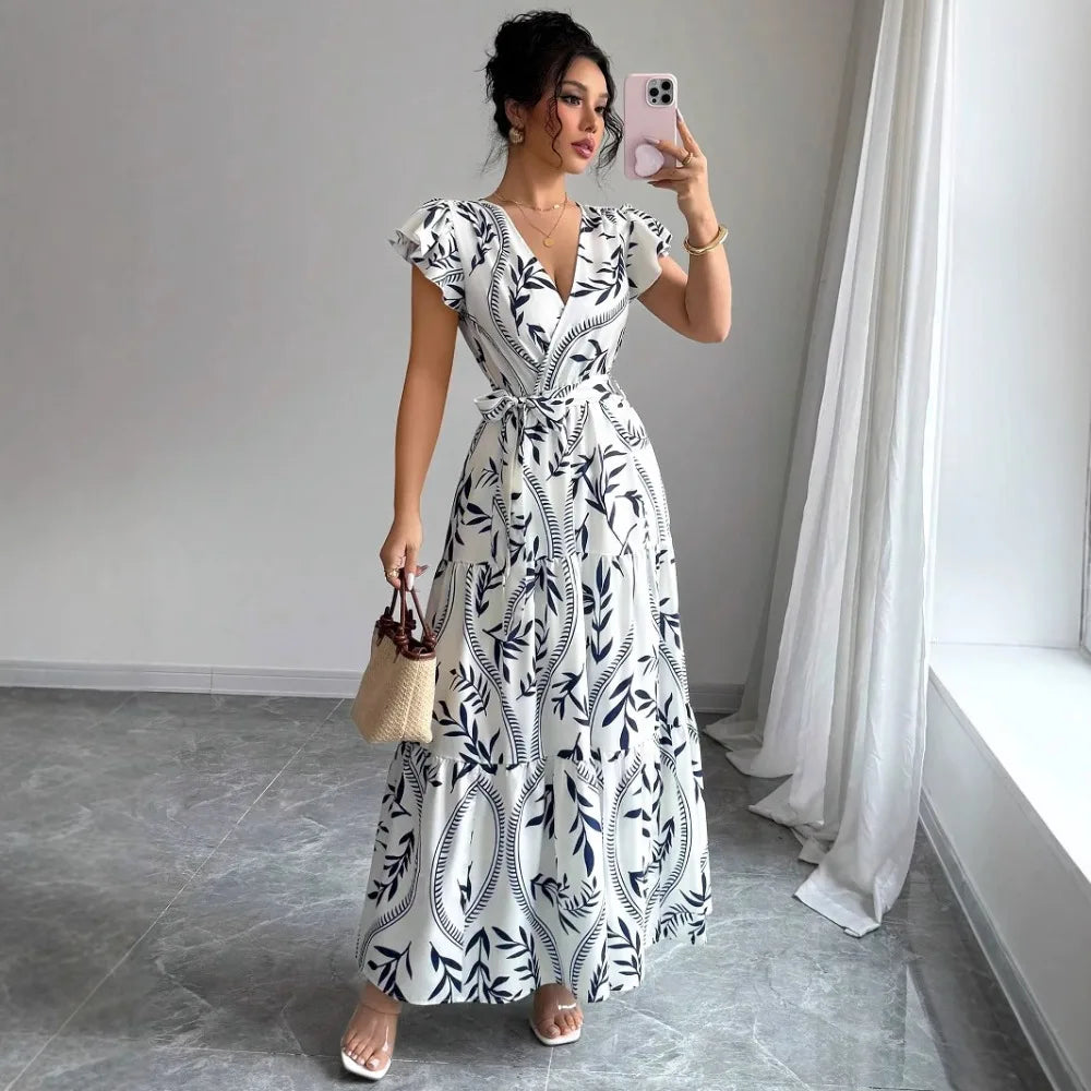 Women Print V Neck Butterfly Sleeve High Waist Lace-up Pleated Dress Elegant Fashion Holiday Beach Party Long Dresses Vestidos