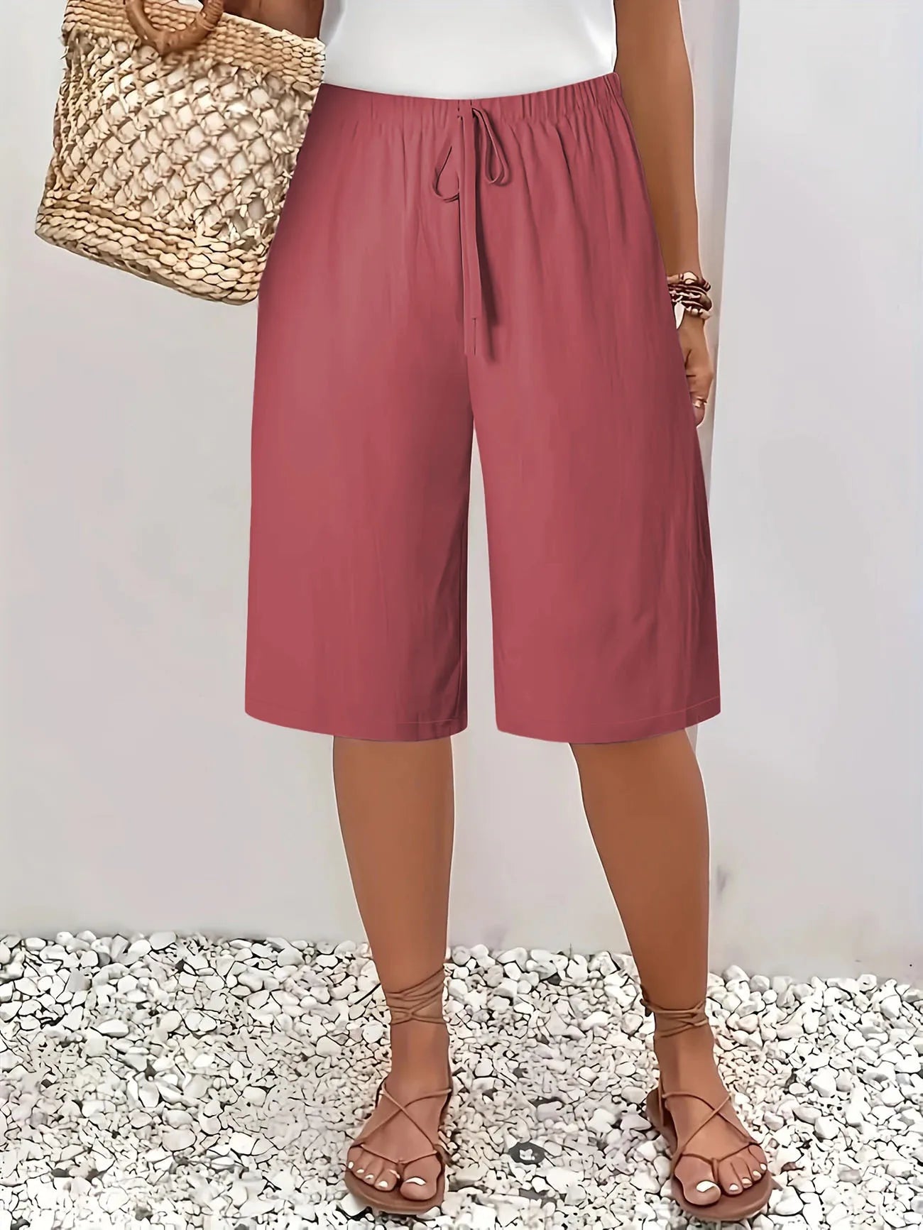 Cross border European and American women's clothing Amazon women's casual fashion solid color five quarter pants mid pants