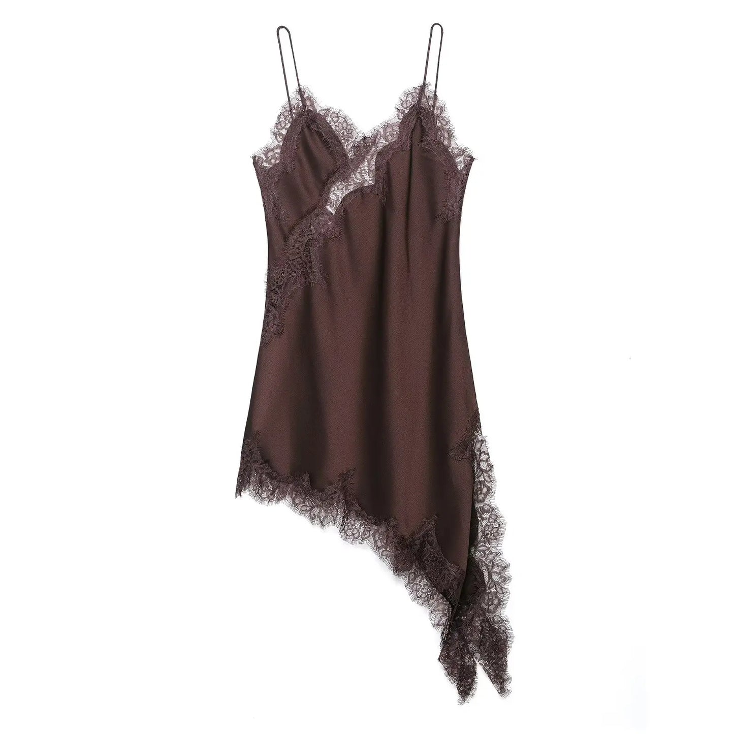 KONDALA Sexy Chic Brown Lace Women Dress V Neck Cami Backless Party Dress Fashion 2025 Summer Fall Y2K Girl Evening Club Dress